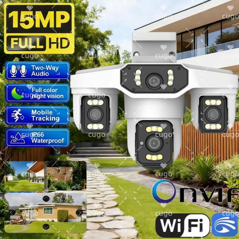 Smart Home Cctv Camera - 15MP 8K Wifi IPカメラ 3レンズPTZ屋外用 4レンズスマートホームワイヤレスHDナイトビジョンCCTVセキュリティカメラ
