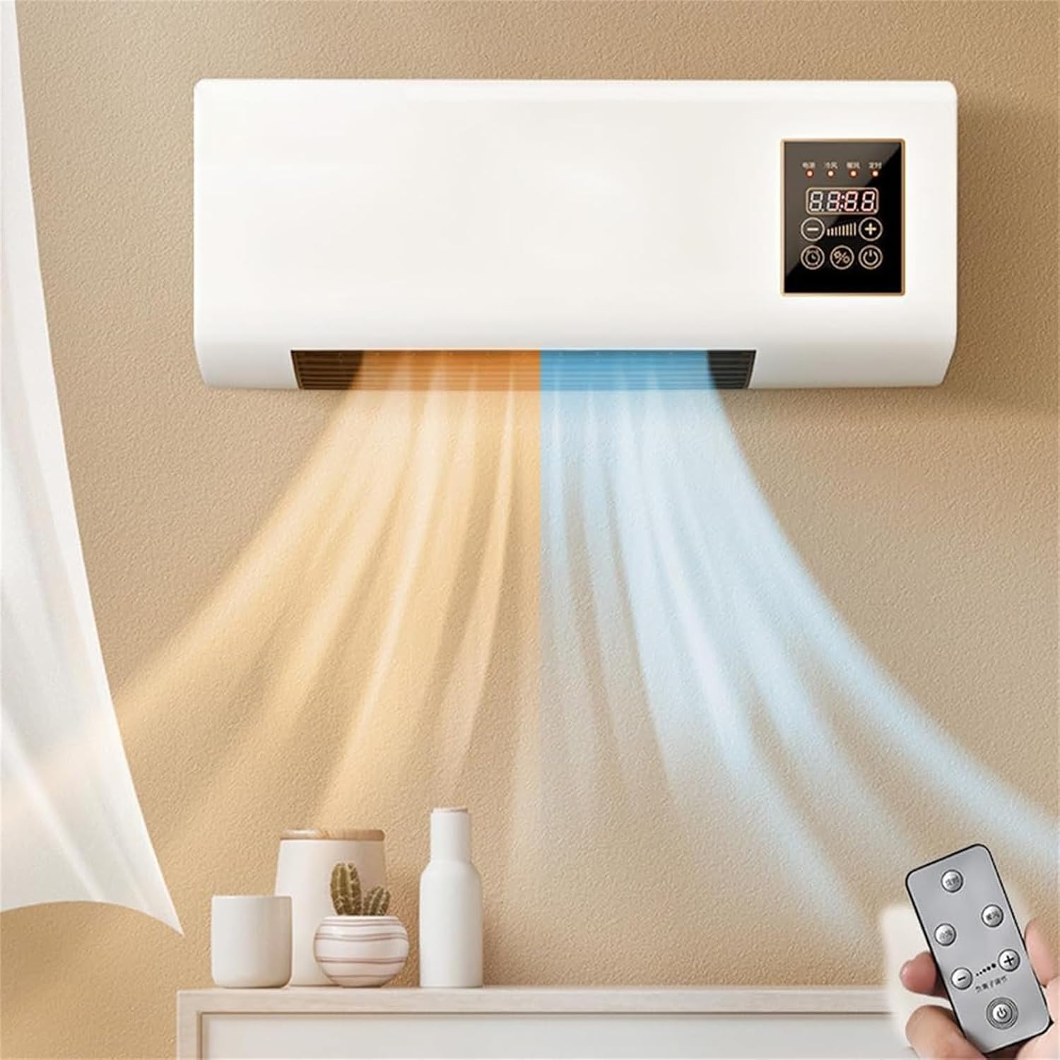 Smart Bathroom Fan - 壁掛け式エアコン/サーモファンヒーター - ポータブル2000W冷暖房ユニット、リモコン付き、家庭、オフィス、寝室用、スマートタイマー機能搭載