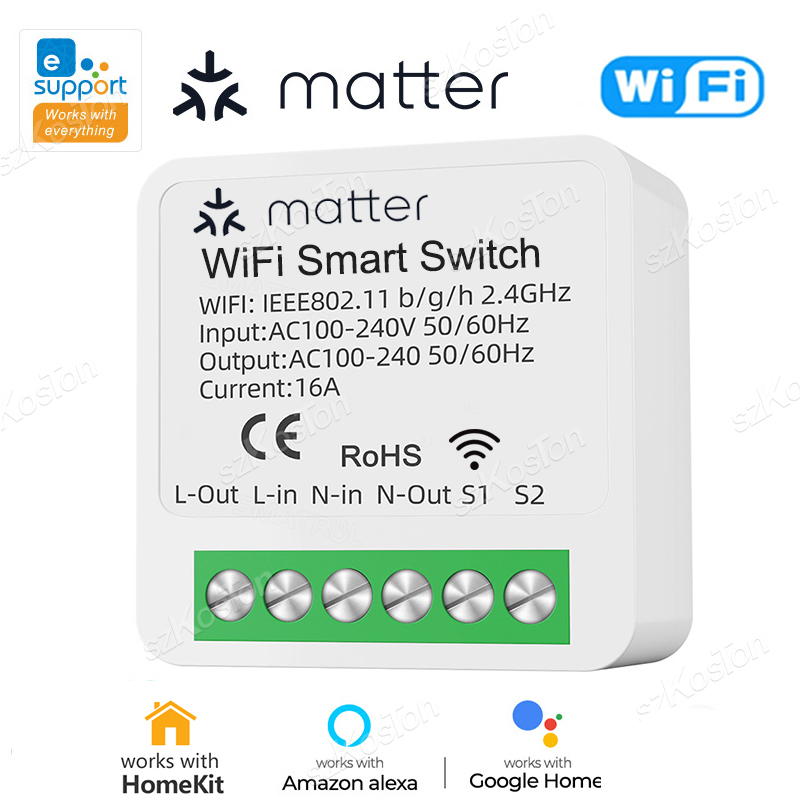 Home Automation Kit - ホームキット用マターWiFiスマートスイッチ16AミニリレーモジュールEWeLinkアプリと互換性ありホームキット音声制御Alexa Google対応