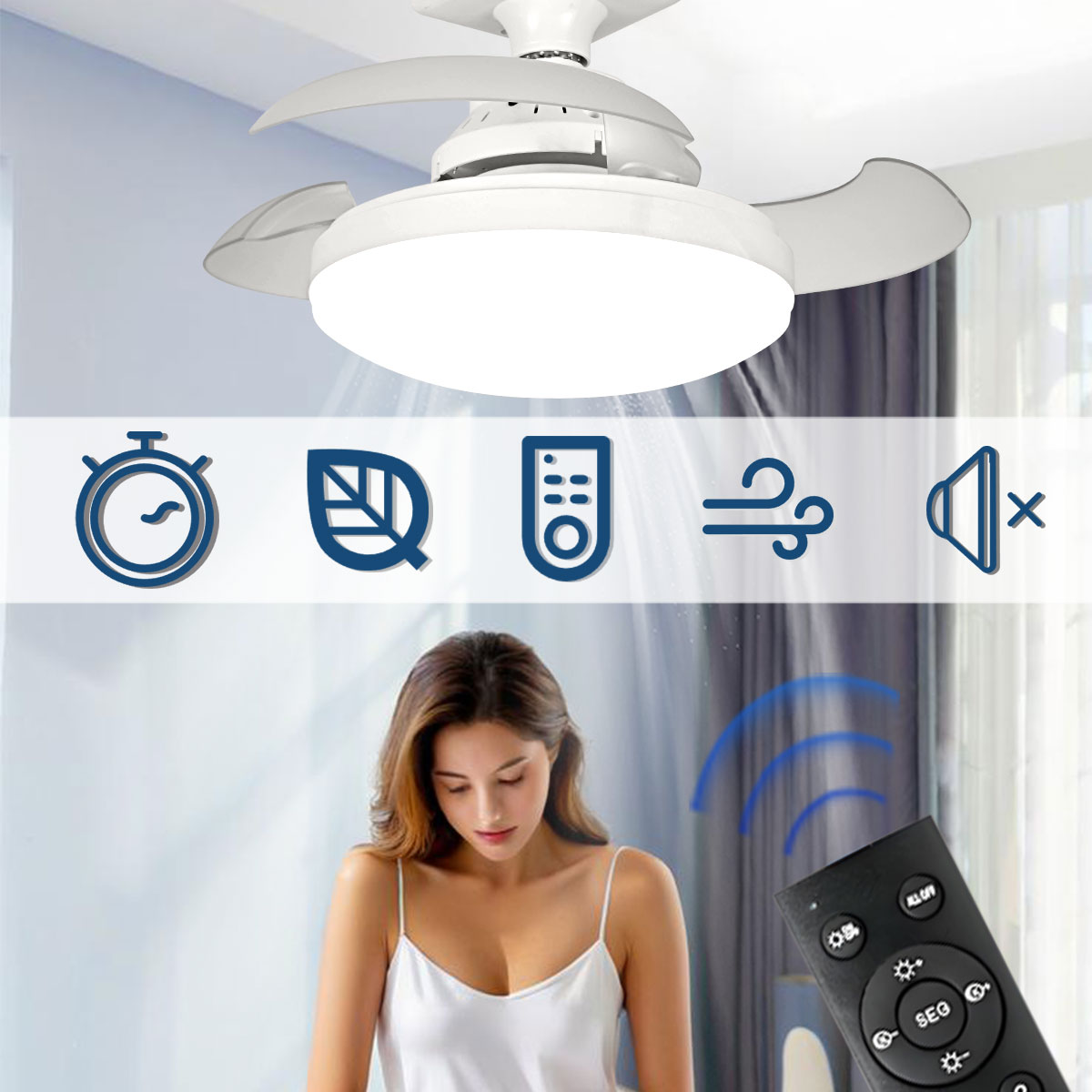 Smart Bathroom Fan - 三色調光 LED E27 シーリングファンライト リモコン付き 静音調光可能