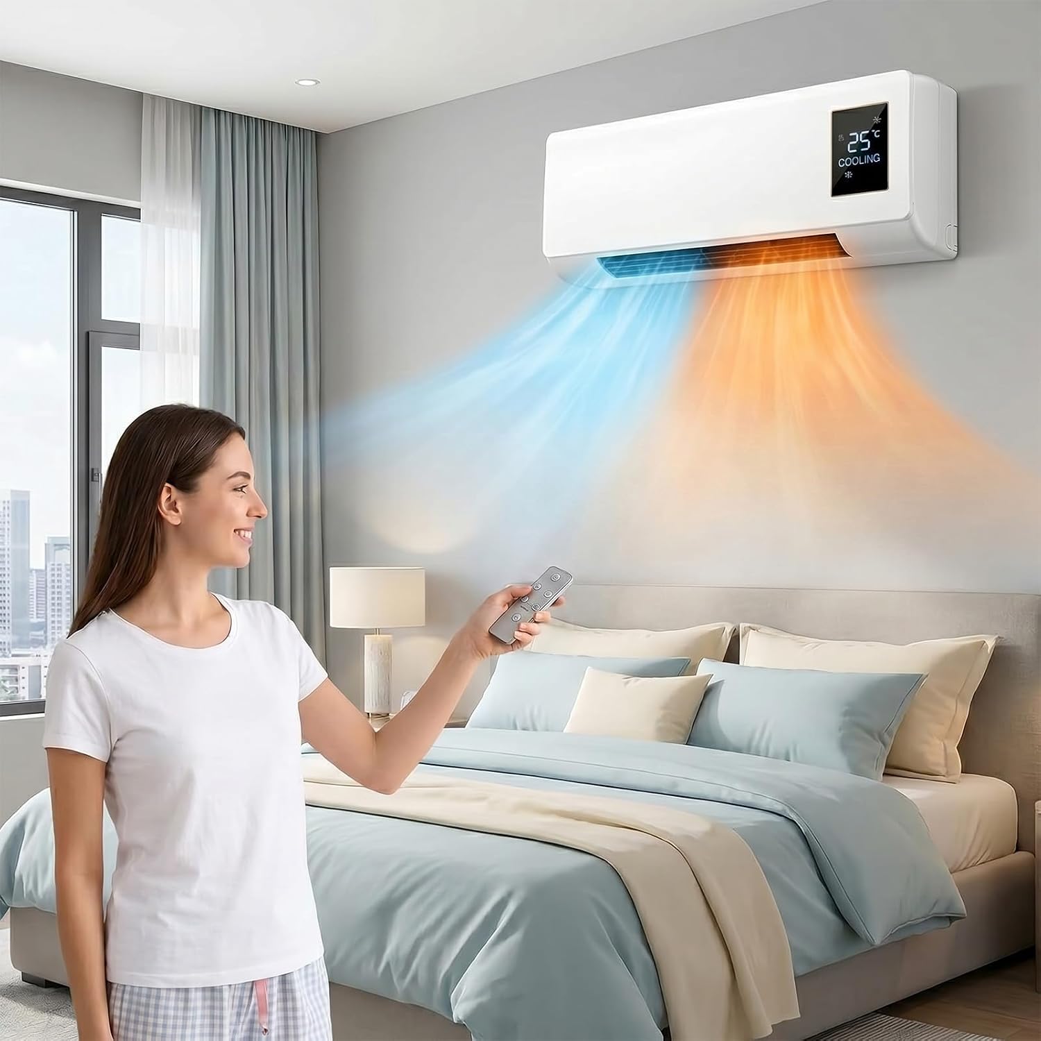 Smart Bathroom Fan - ポータブル壁掛けエアコンファン、2 in 1 ダクトレスミニエアコンファンユニット、窓不要、静音スマートヒーターと冷却機能を備えたリモコン付きコンボ、寝室、オフィス、衣類ラック用（ホワイト）