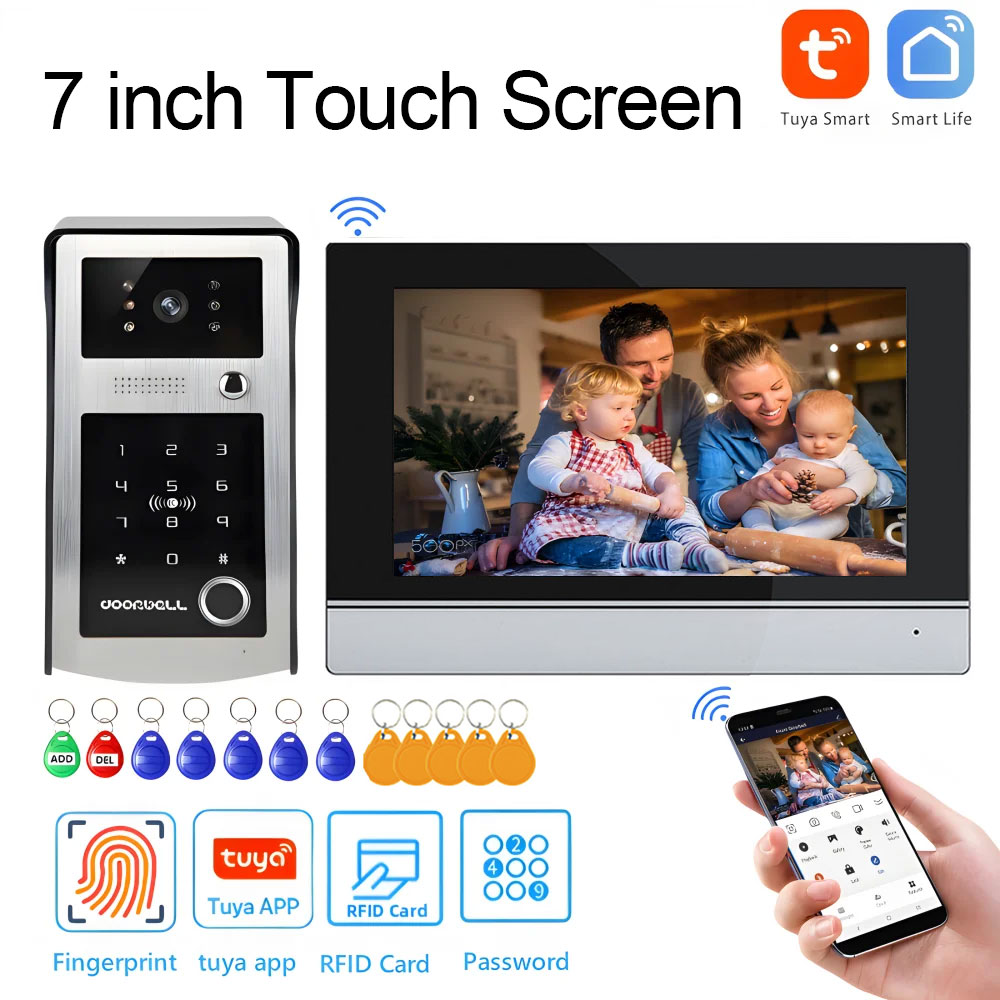 Smart Home Video Doorbell Enhanced Security With Smart Doorbell - Wifi Tuya 7インチタッチスクリーンWifiビデオドアベルスマートホームビデオインターホンキットHDカメラAPP指紋パスワードロック解除機能追加