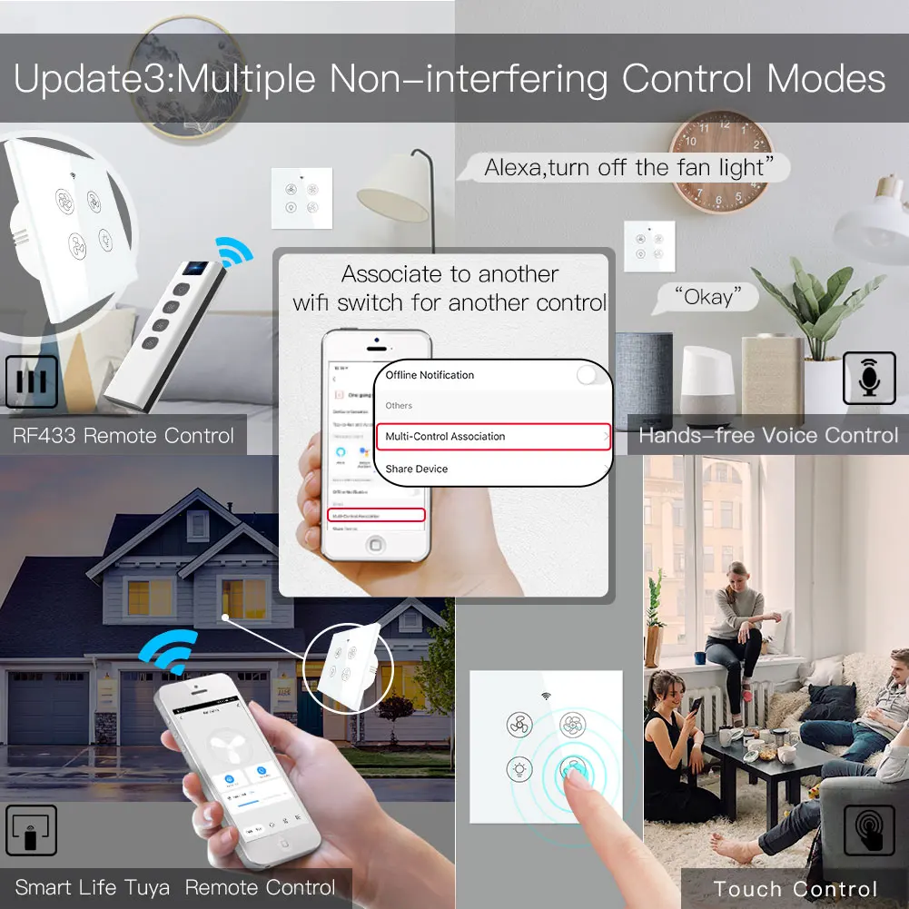 新しいwifi rfスマート天井ファンライト2/3ウェイコン - Smart Home Ventilation System のレビューと価格