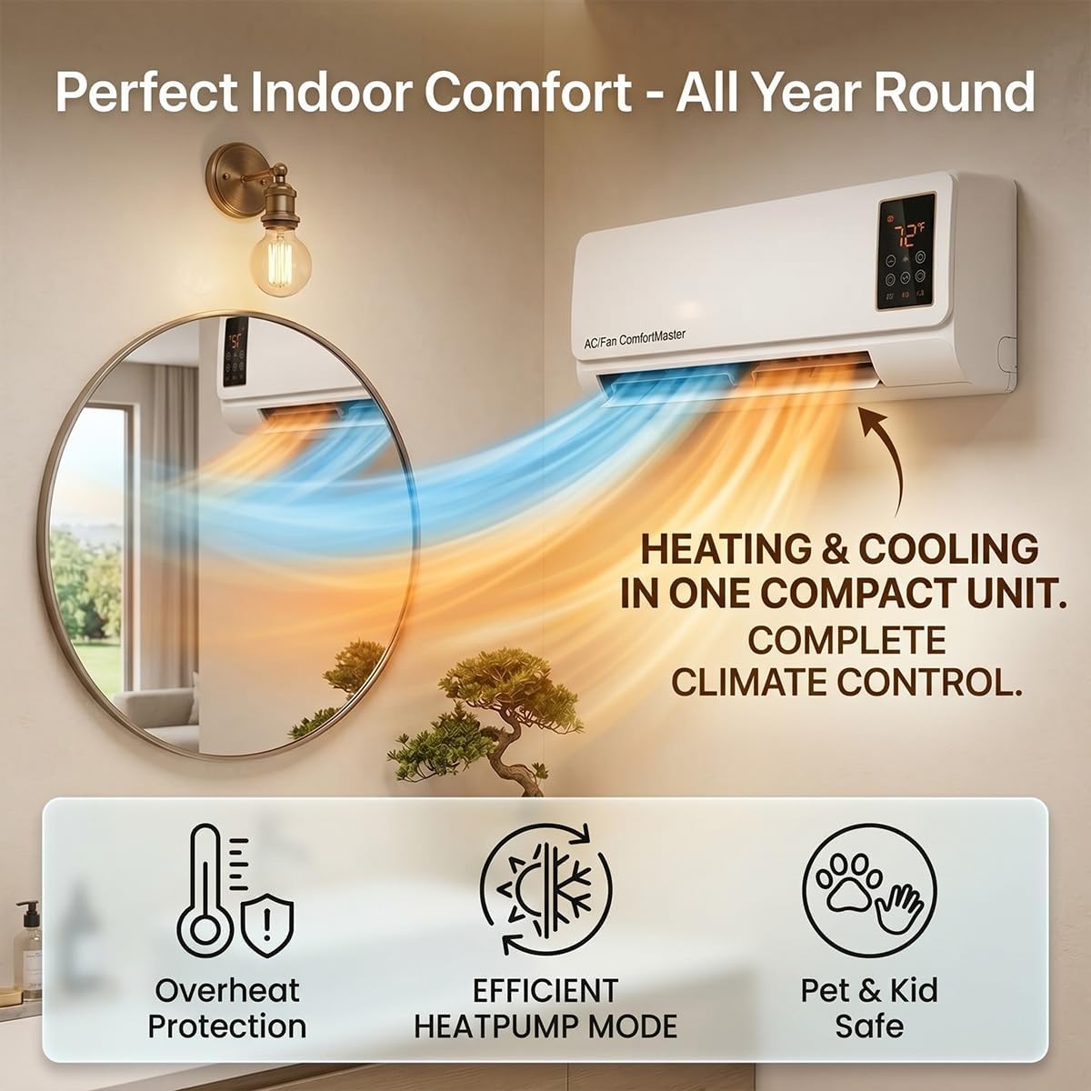 1800W 壁掛けエアコンファン＆ヒーターコンボ、ポータブル - Smart Bathroom Fan のレビューと価格